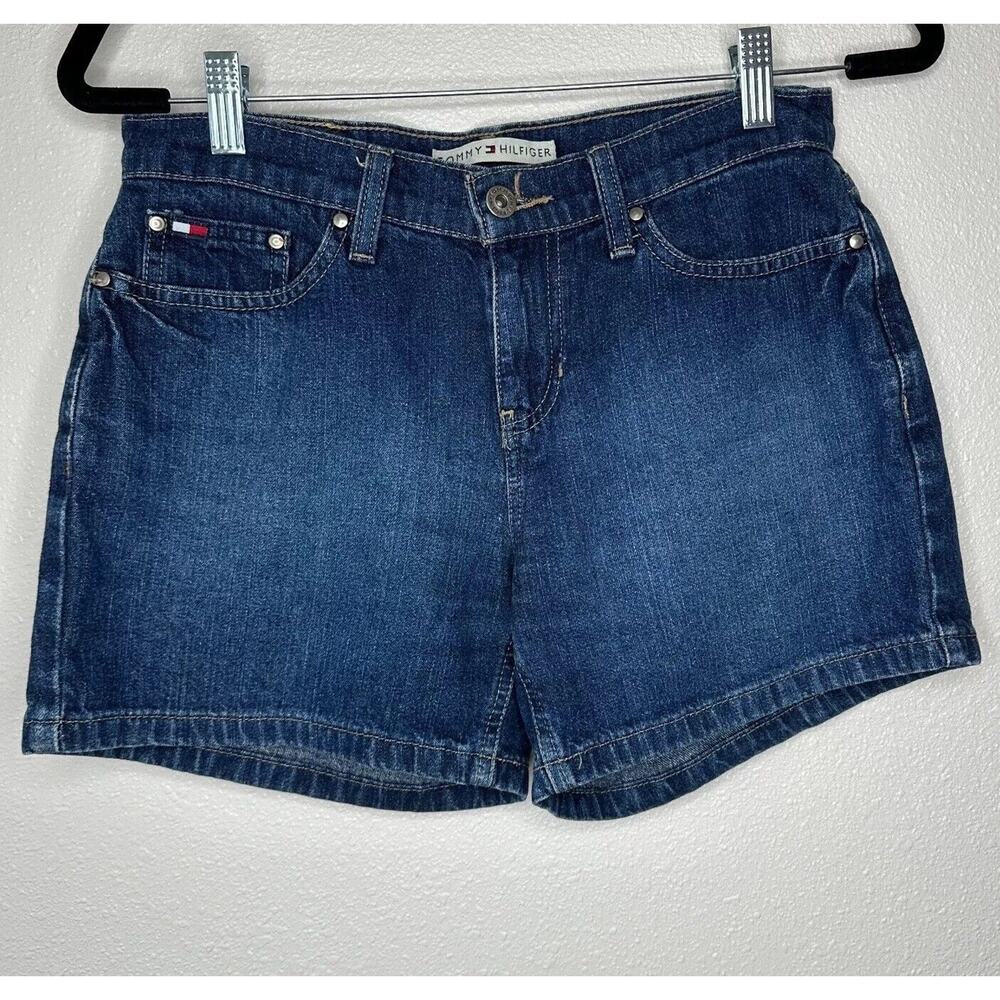 Tommy Hilfinger Medium Blue Wash Mid Rise Boyfriend Jean Shorts Y2K Flag Logo 4